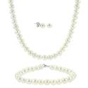 Sterling Silver 5.5-6mm Genuine Freshwater Cultured White Pearl Necklace Bracelet & Stud Earrings Set