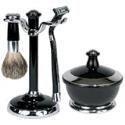 Black Acrylic & Chrome 4 Piece Shave Set with Natural Bristle Brush, Gillette Mach III Razor, Bowl, Stand and Shave Soap