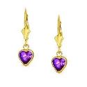 14k Yellow 6 mm Heart Amethyst-Purple CZ Drop Earrings
